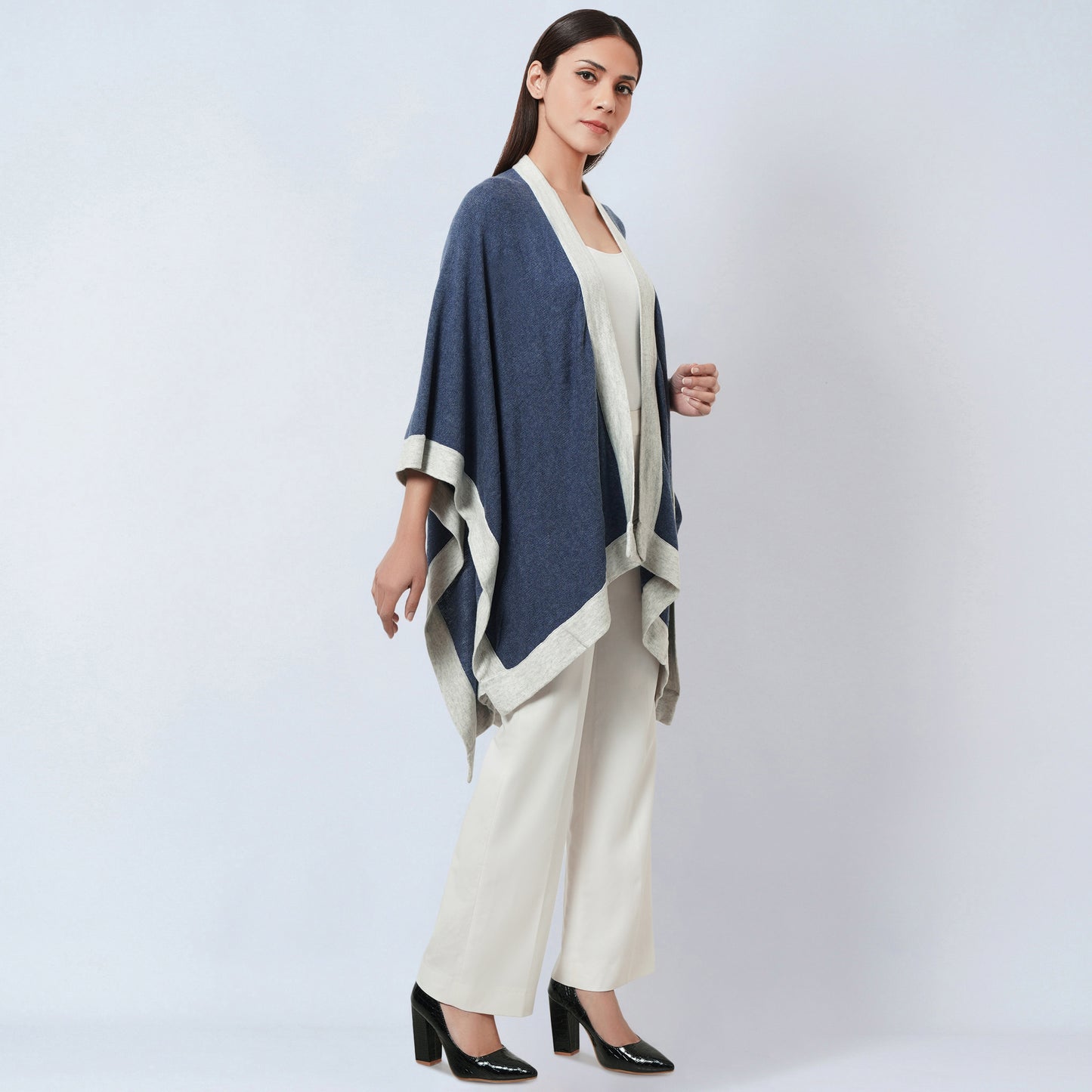 Blue and Grey Long Knitted Cashmere Cape