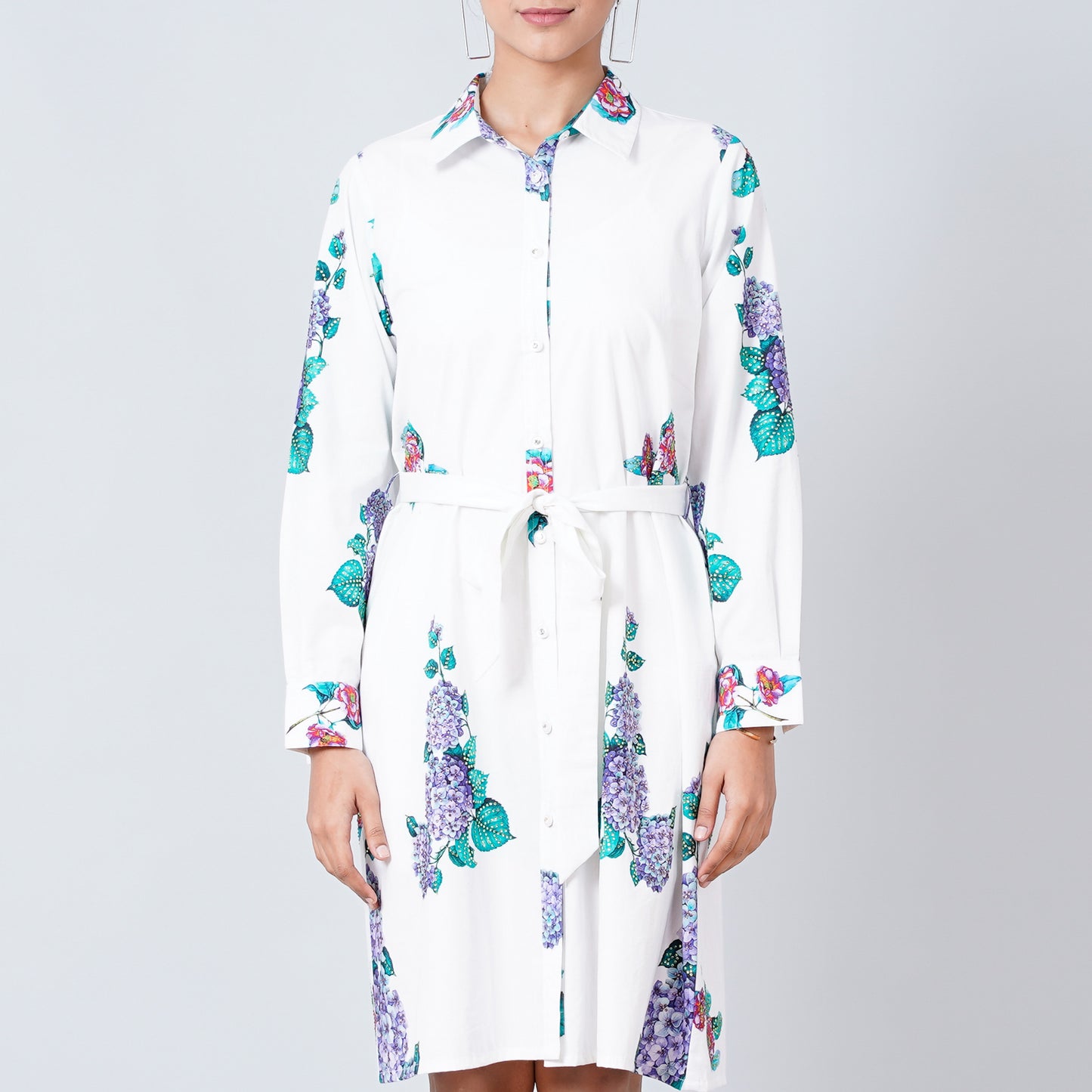 Blue Embellished Floral Shirt Dress
