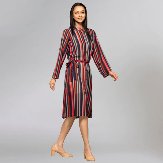 Vibrant Red and Black Striped Shirt Dress
