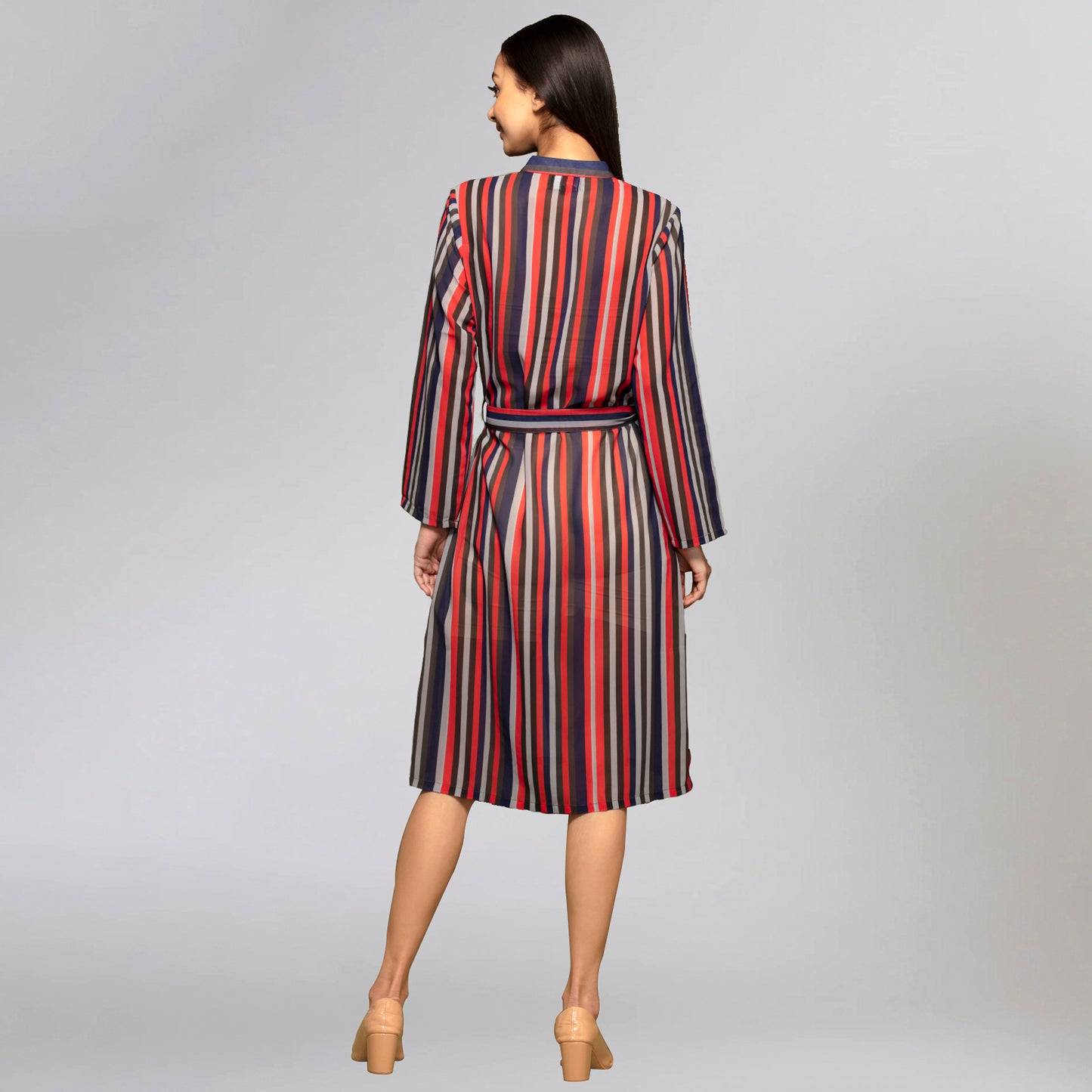 Vibrant Red and Black Striped Shirt Dress