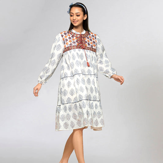 Navy Blue Embroidered Peasant Dress