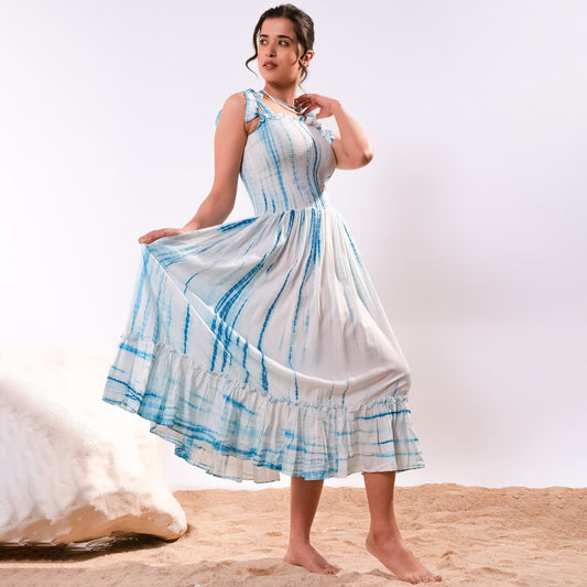 Blue Tie-Dye Smocking Long Dress
