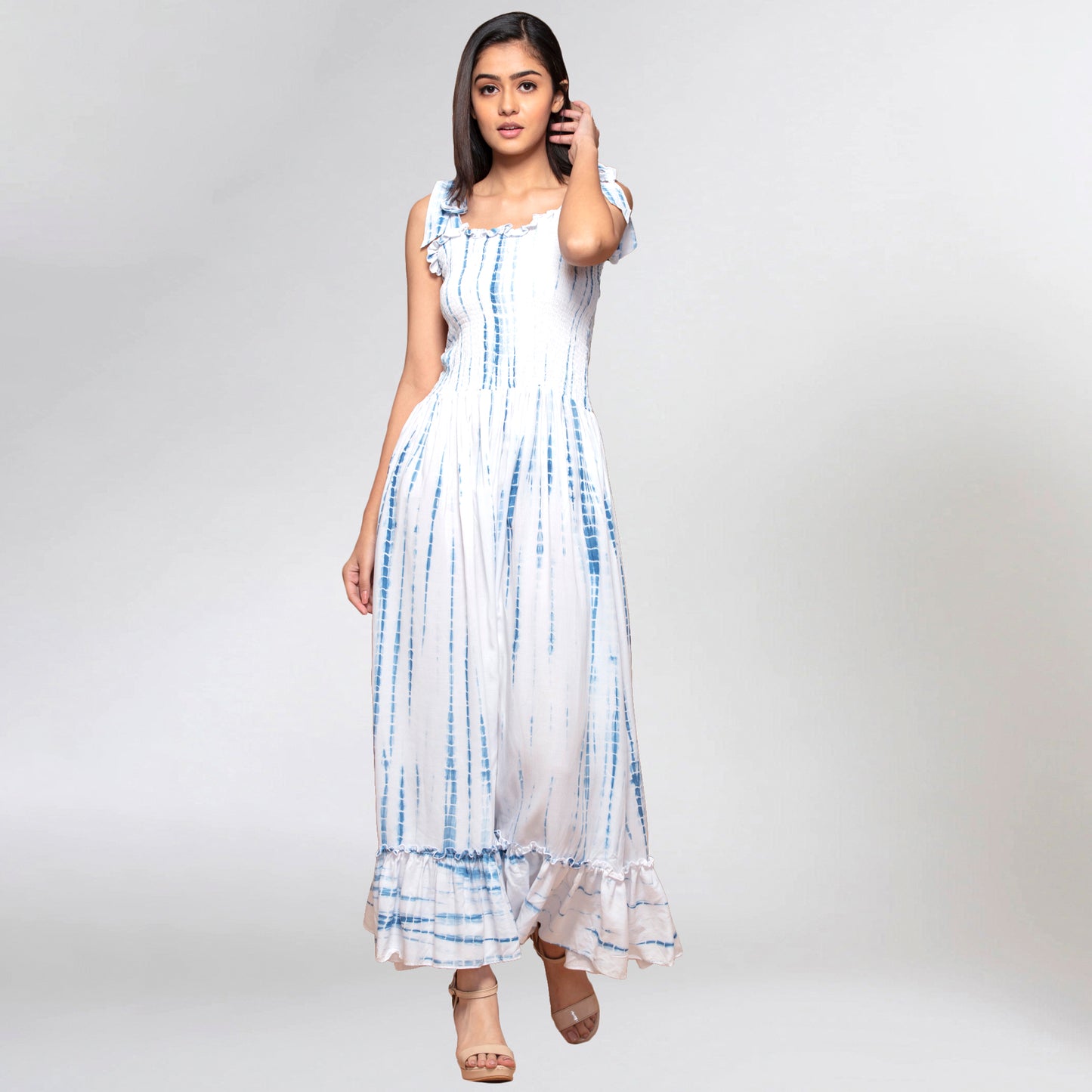 Dark Blue Tie-Dye Smocking Long Dress