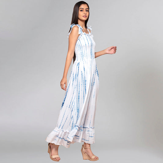 Dark Blue Tie-Dye Smocking Long Dress