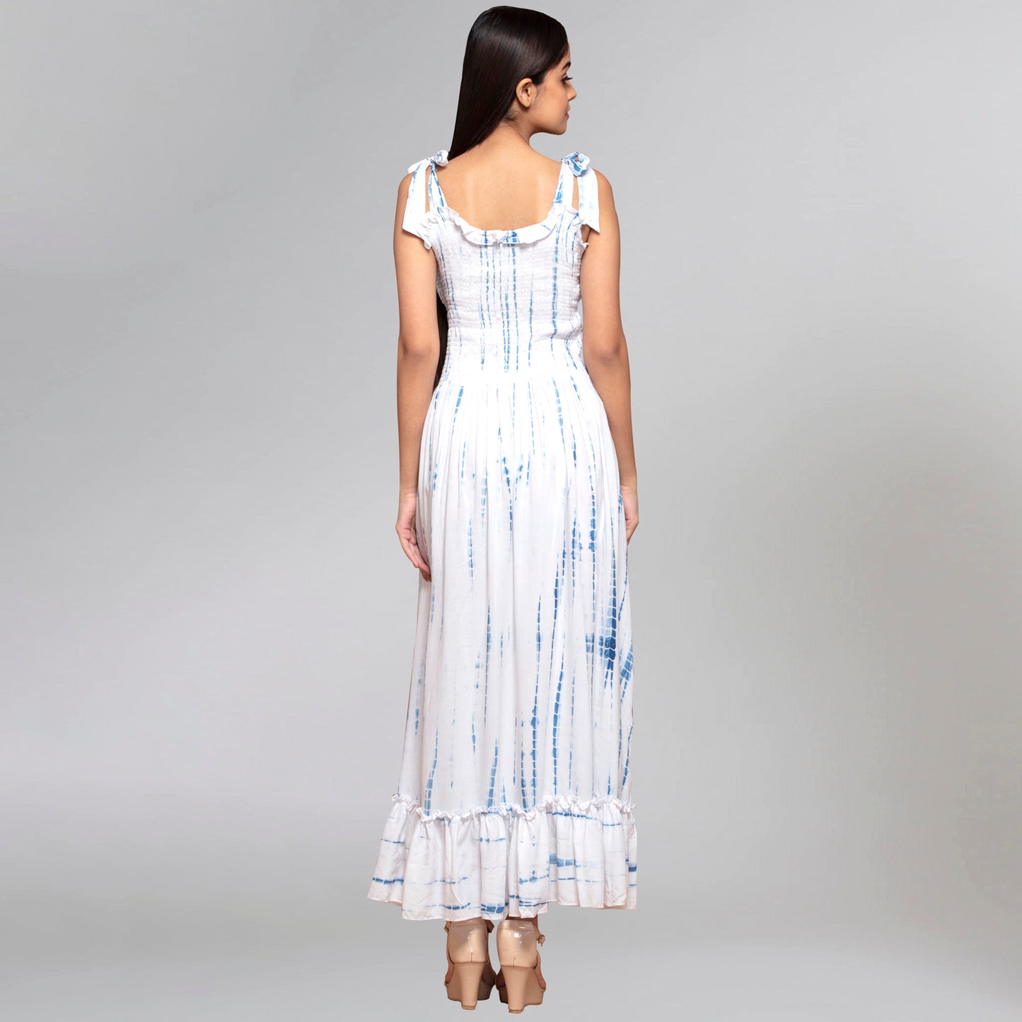 Dark Blue Tie-Dye Smocking Long Dress