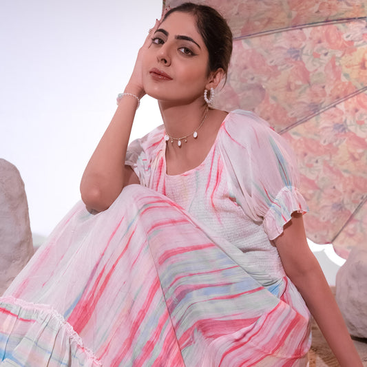 Multicoloured Tie-Dye Smocking Long Dress