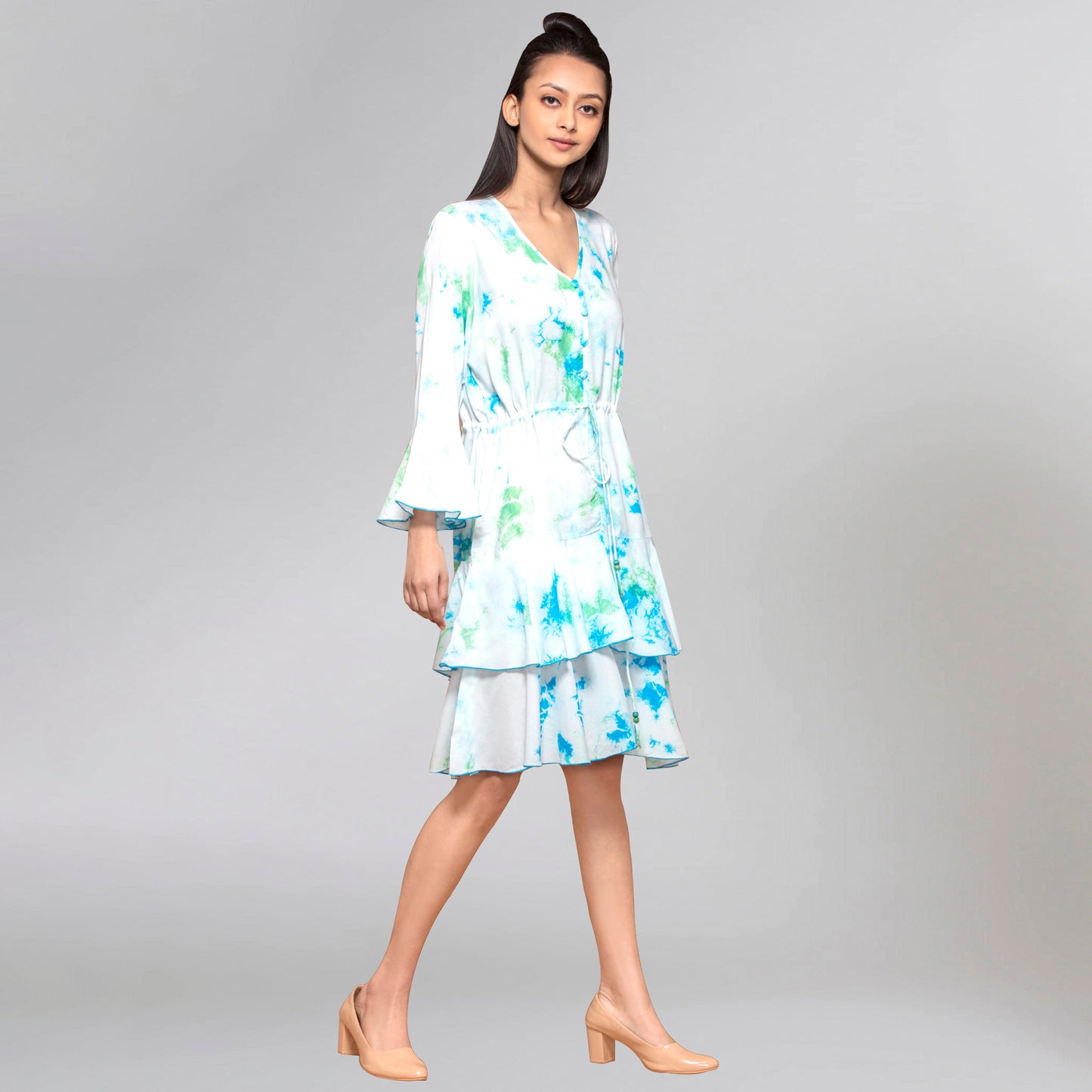 Blue and Green Tie-Dye Frill Dress