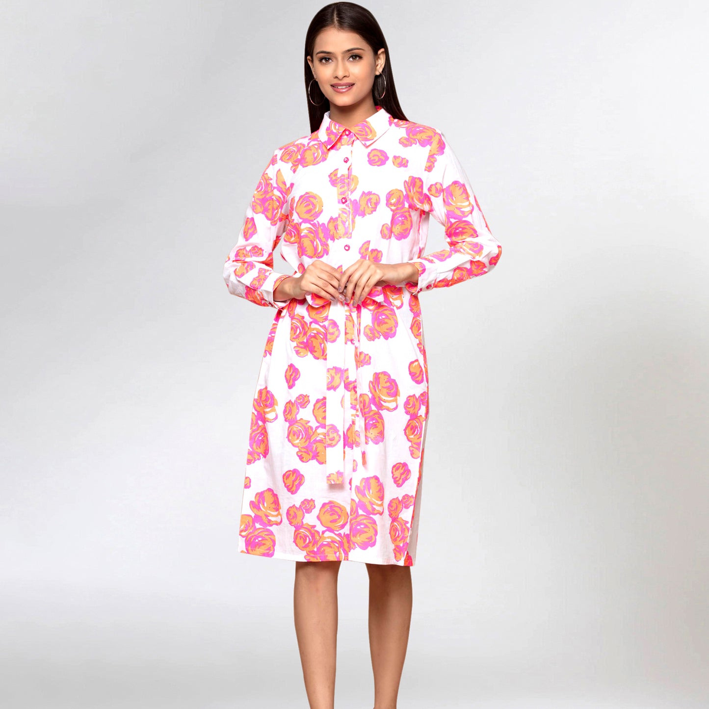 Orange Rose Print Shirt Dress