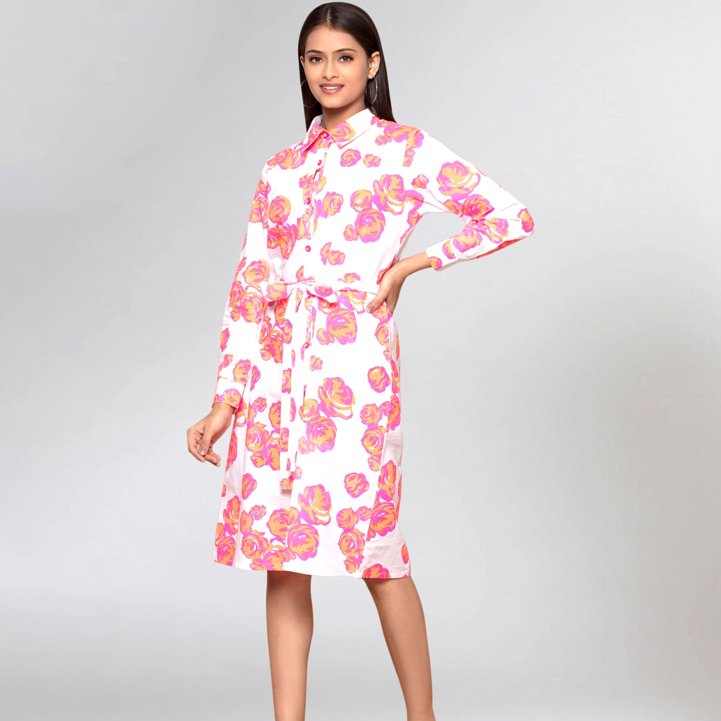 Orange Rose Print Shirt Dress