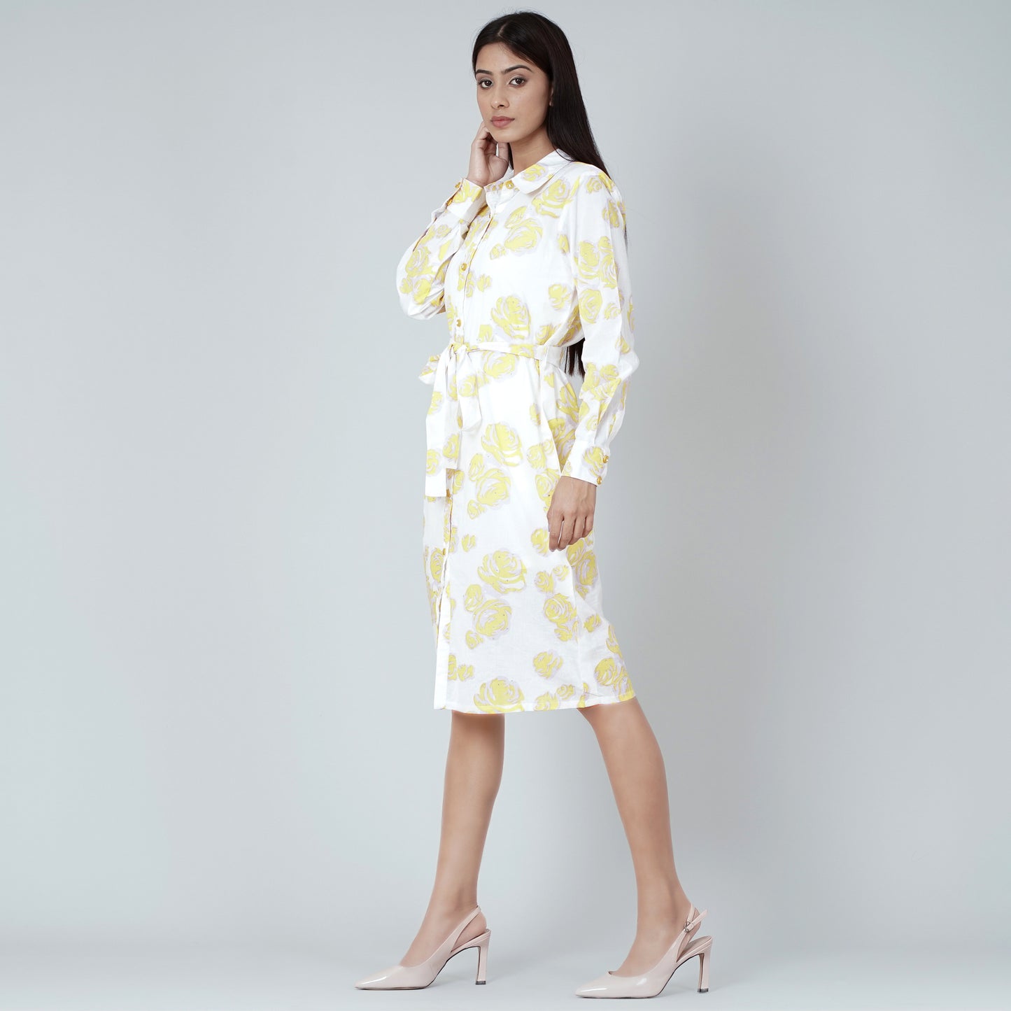 Yellow Rose Print Shirt Dress