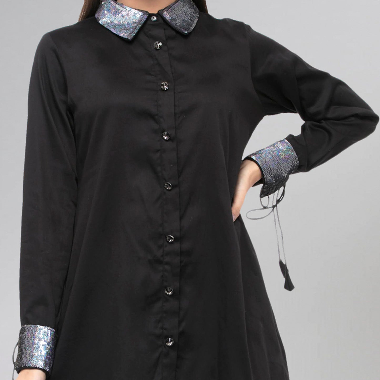 Black Sequinned Hi-Low Shirt Dress