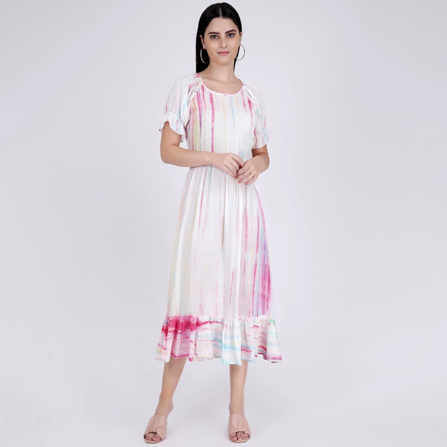 Multicoloured Tie-Dye Smocking Long Dress with Frill
