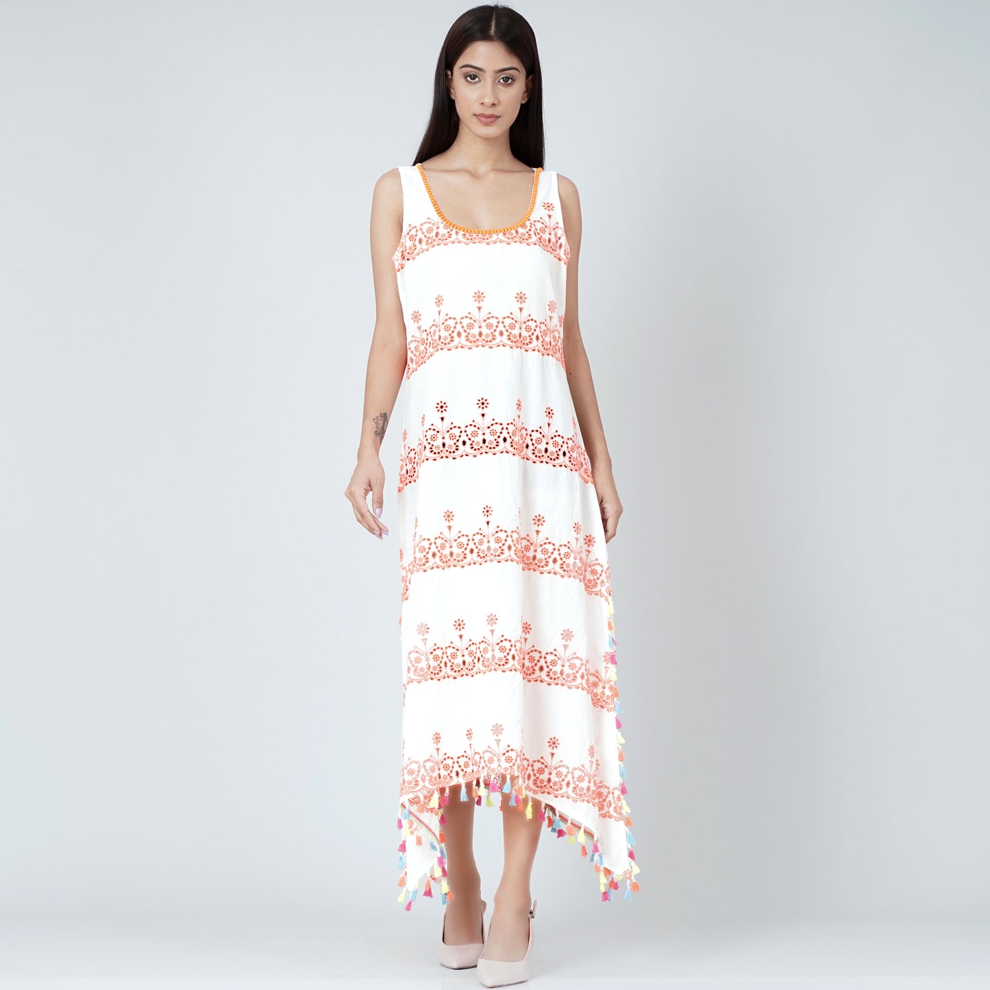 White and Neon Orange A-Line Sundress