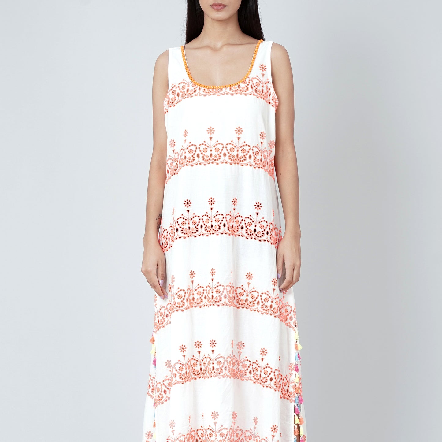 White and Neon Orange A-Line Sundress