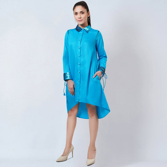 Blue Sequinned Shirt Dress