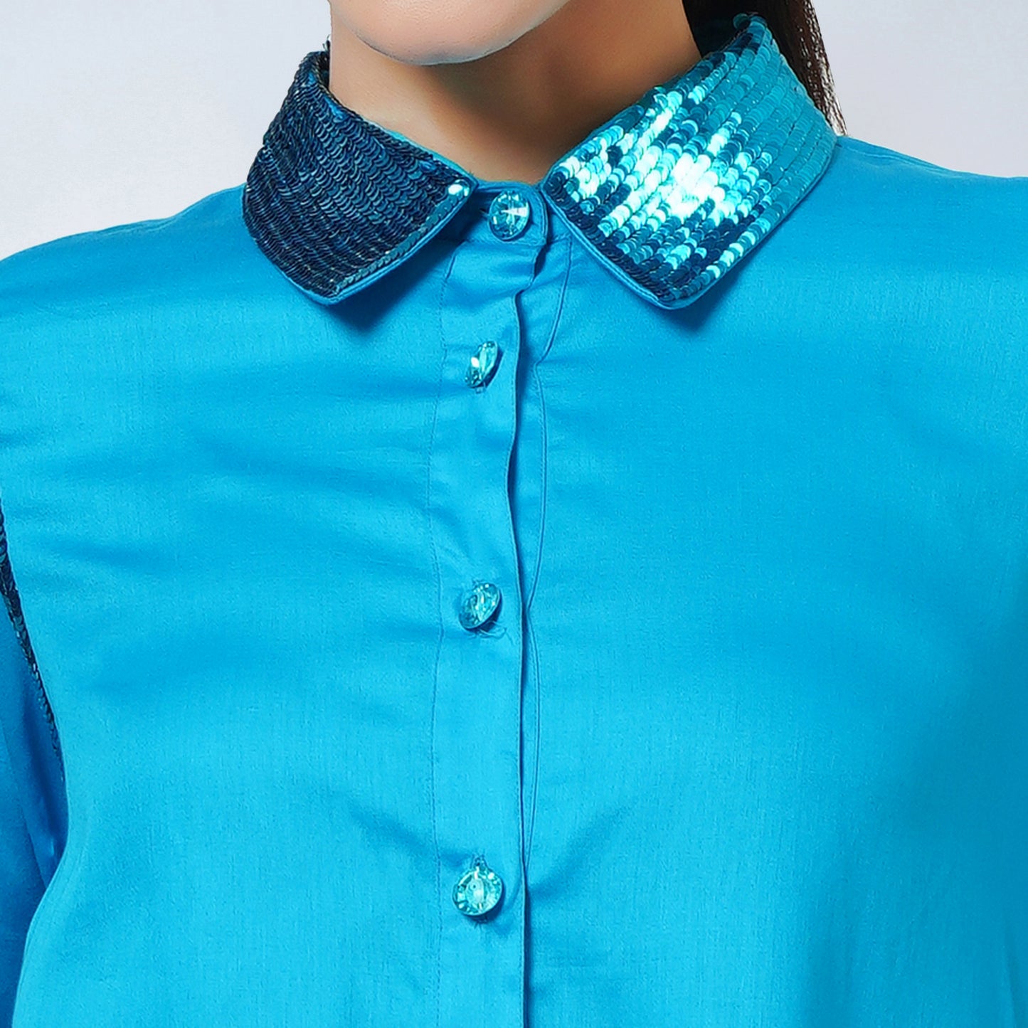 Blue Sequinned Shirt Dress