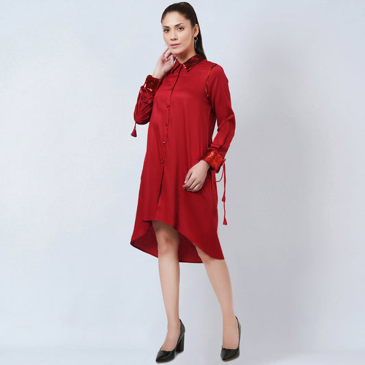 Red Sequinned Shirt Dress