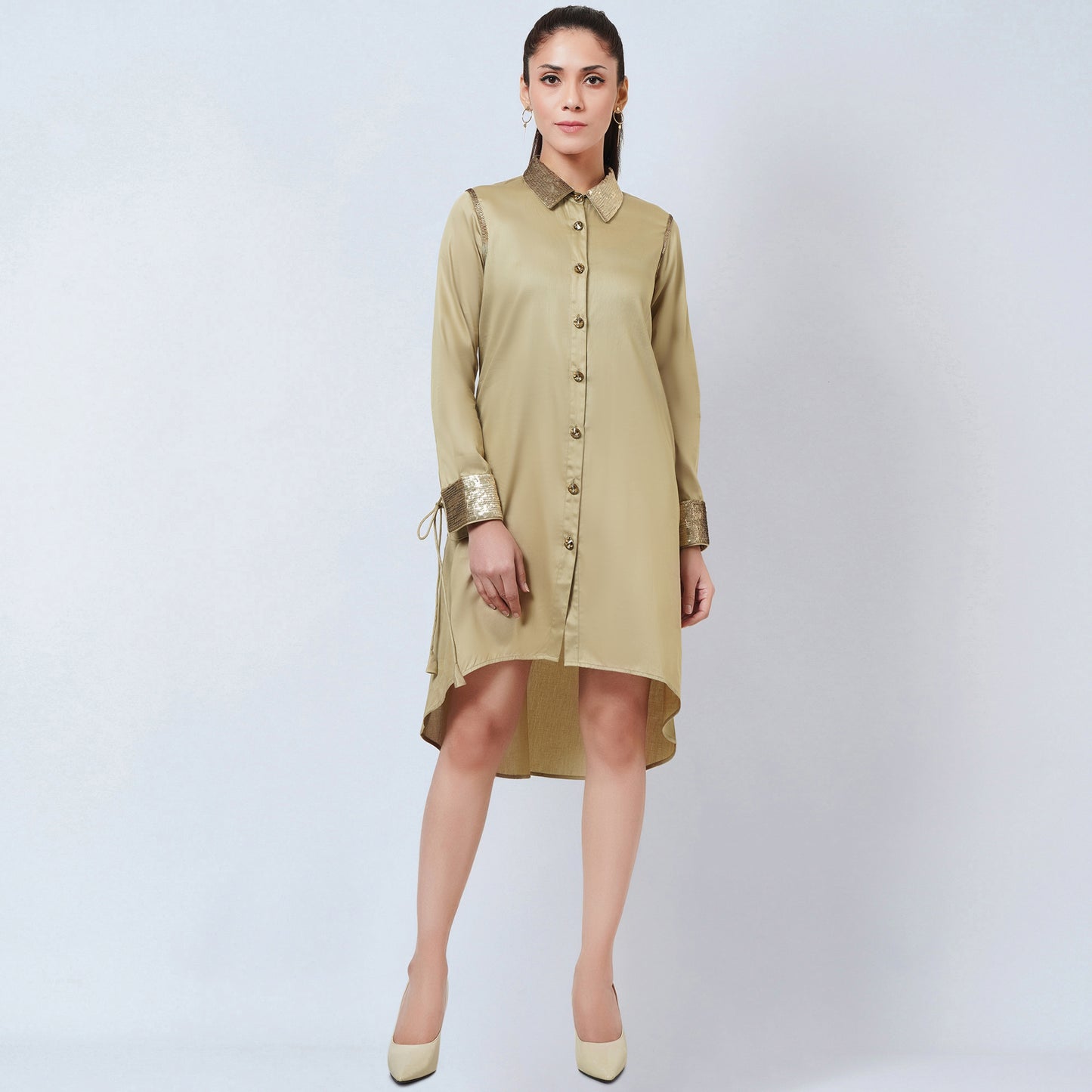 Sand Sequinned Shirt Dress