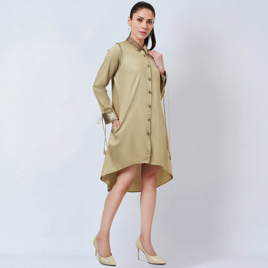 Sand Sequinned Shirt Dress