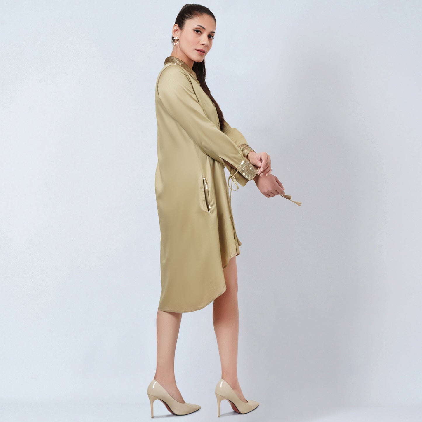 Sand Sequinned Shirt Dress