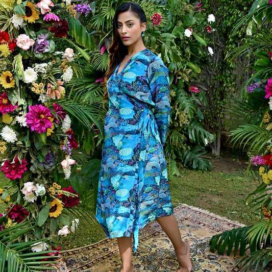 Blue and Green Sea Jungle Print Wrap Around Dress