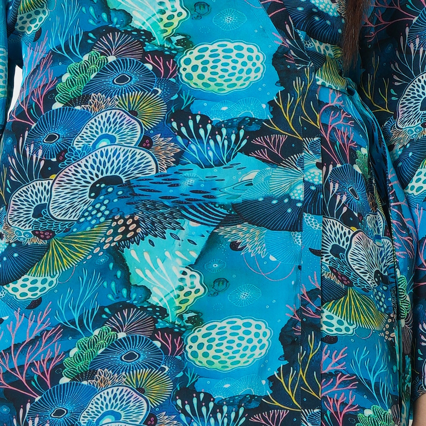 Blue and Green Sea Jungle Print Wrap Around Dress
