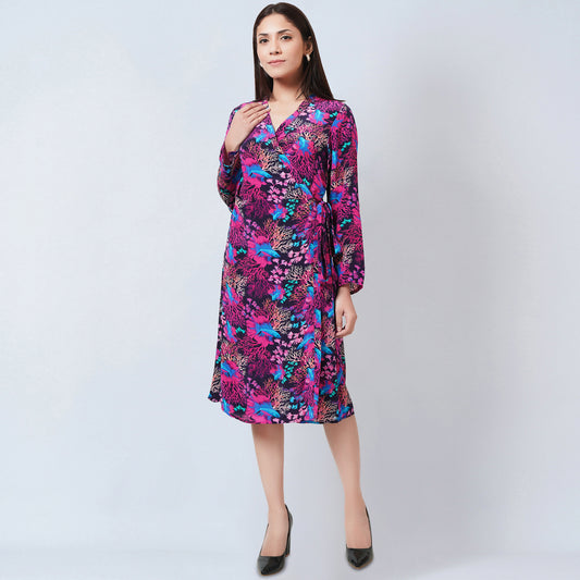 Pink Deep Sea Print Wrap Around Dress