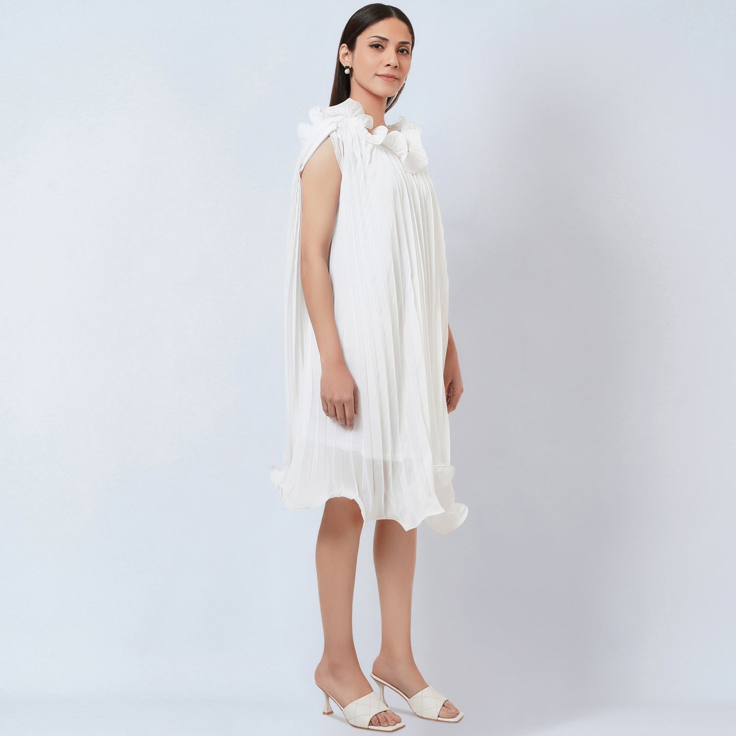White Asymmetrical Pleated Dress