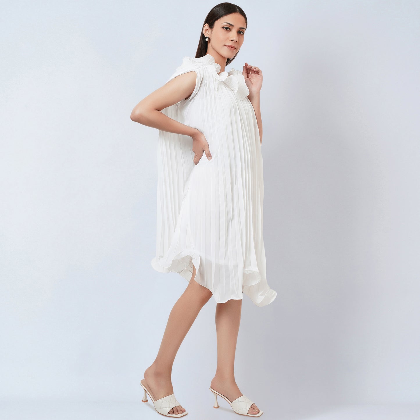White Asymmetrical Pleated Dress