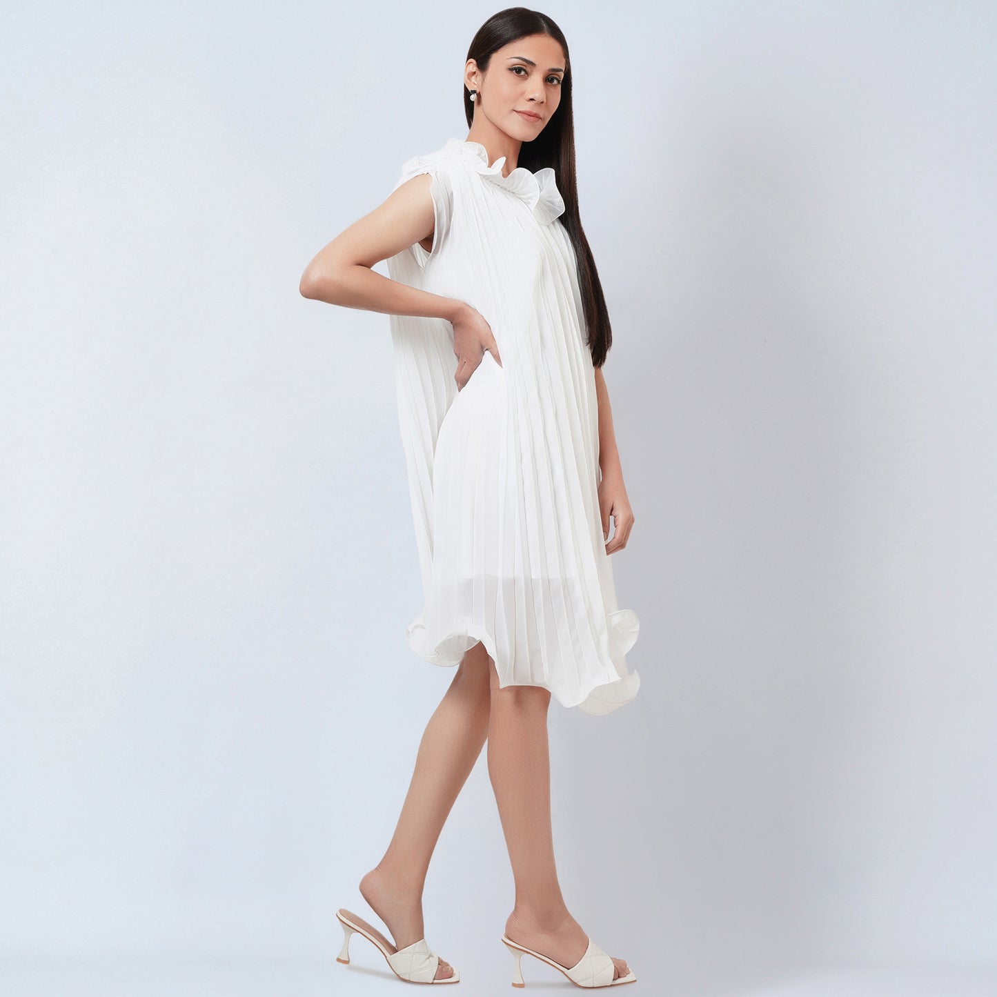 White Asymmetrical Pleated Dress