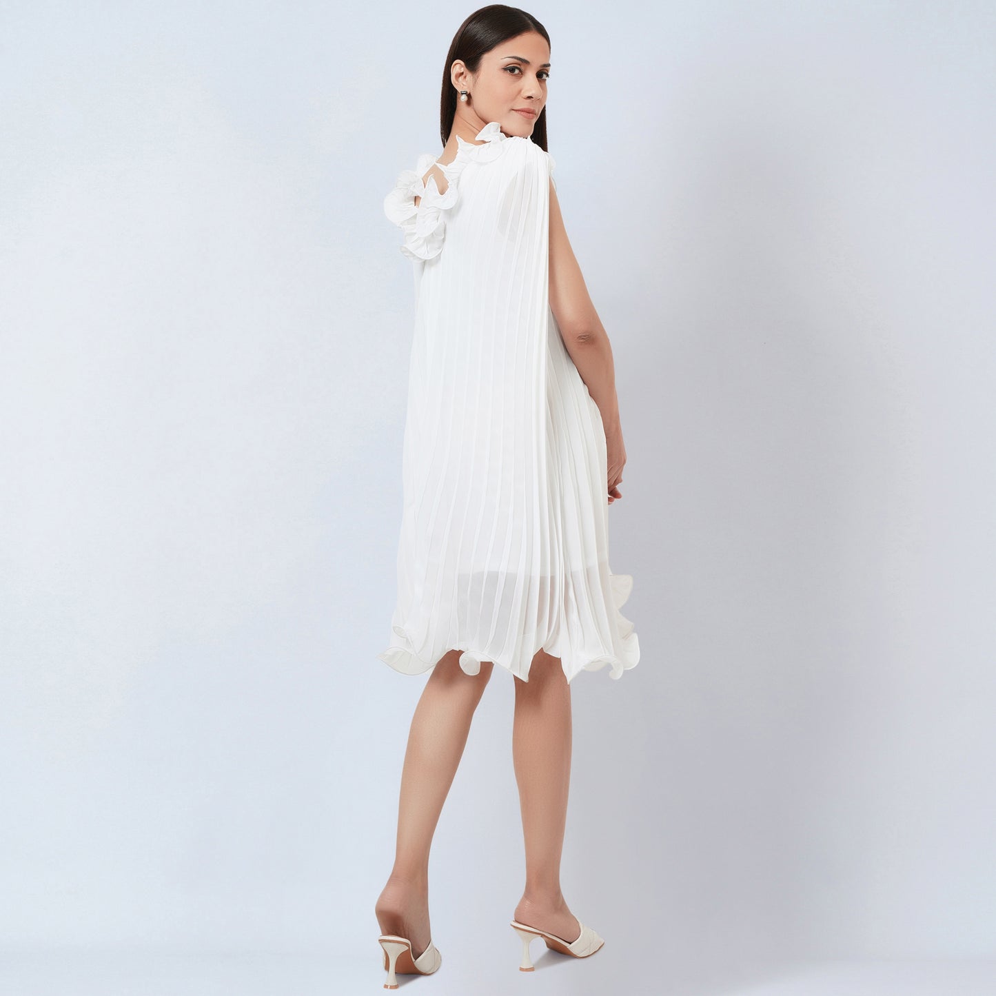White Asymmetrical Pleated Dress