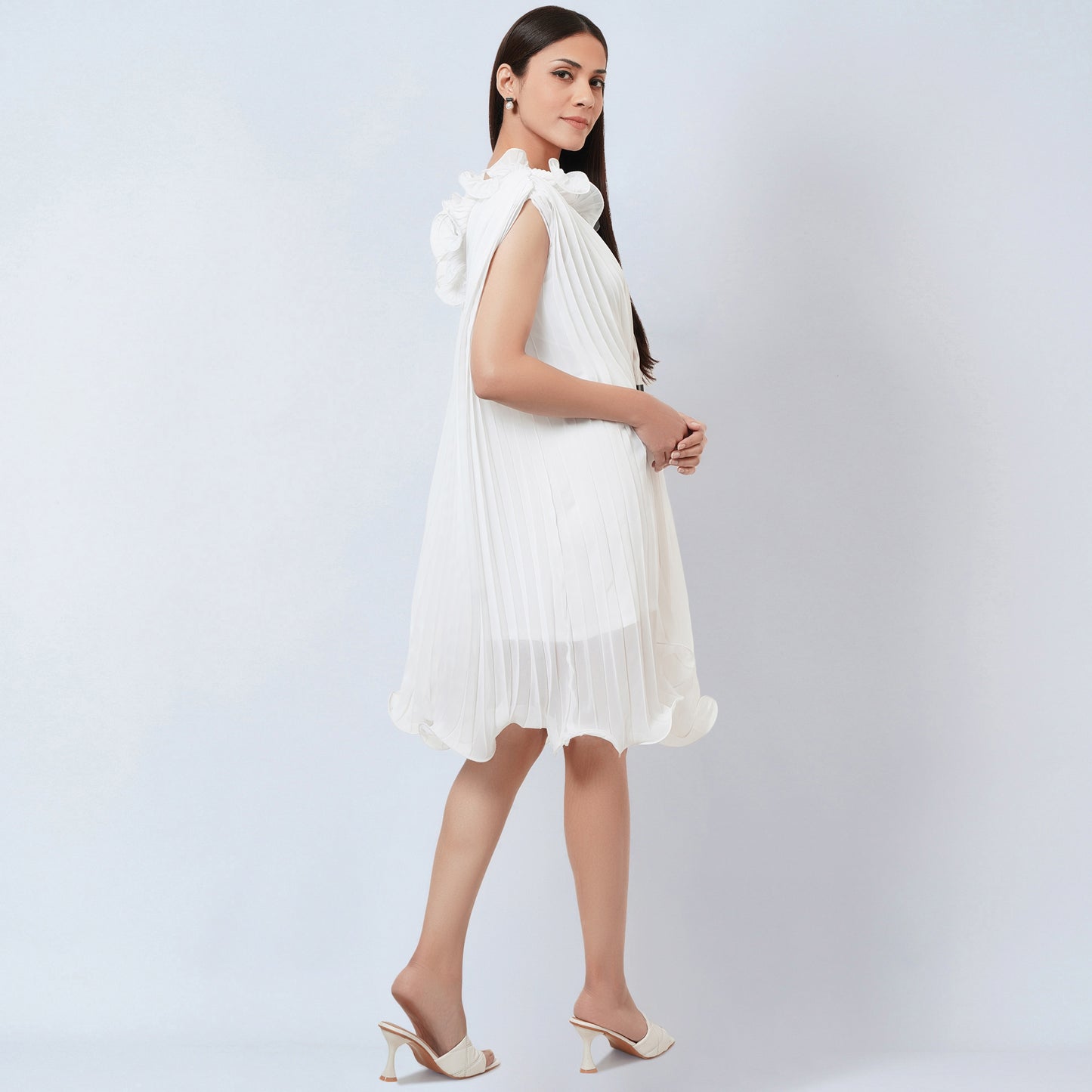 White Asymmetrical Pleated Dress