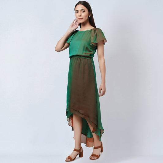 Green and Bronze Asymmetrical Dress