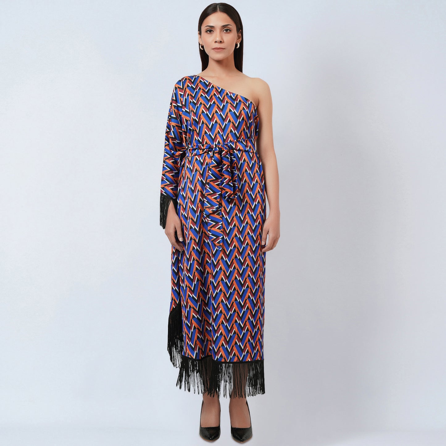 Blue and Mustard One-Shoulder Geometric Print Dress