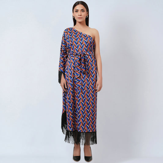 Blue and Mustard One-Shoulder Geometric Print Dress