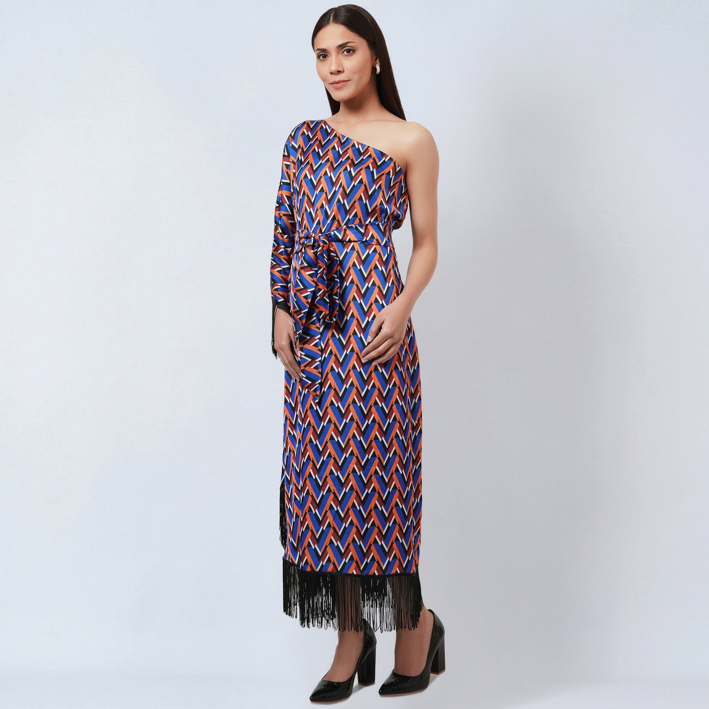Blue and Mustard One-Shoulder Geometric Print Dress