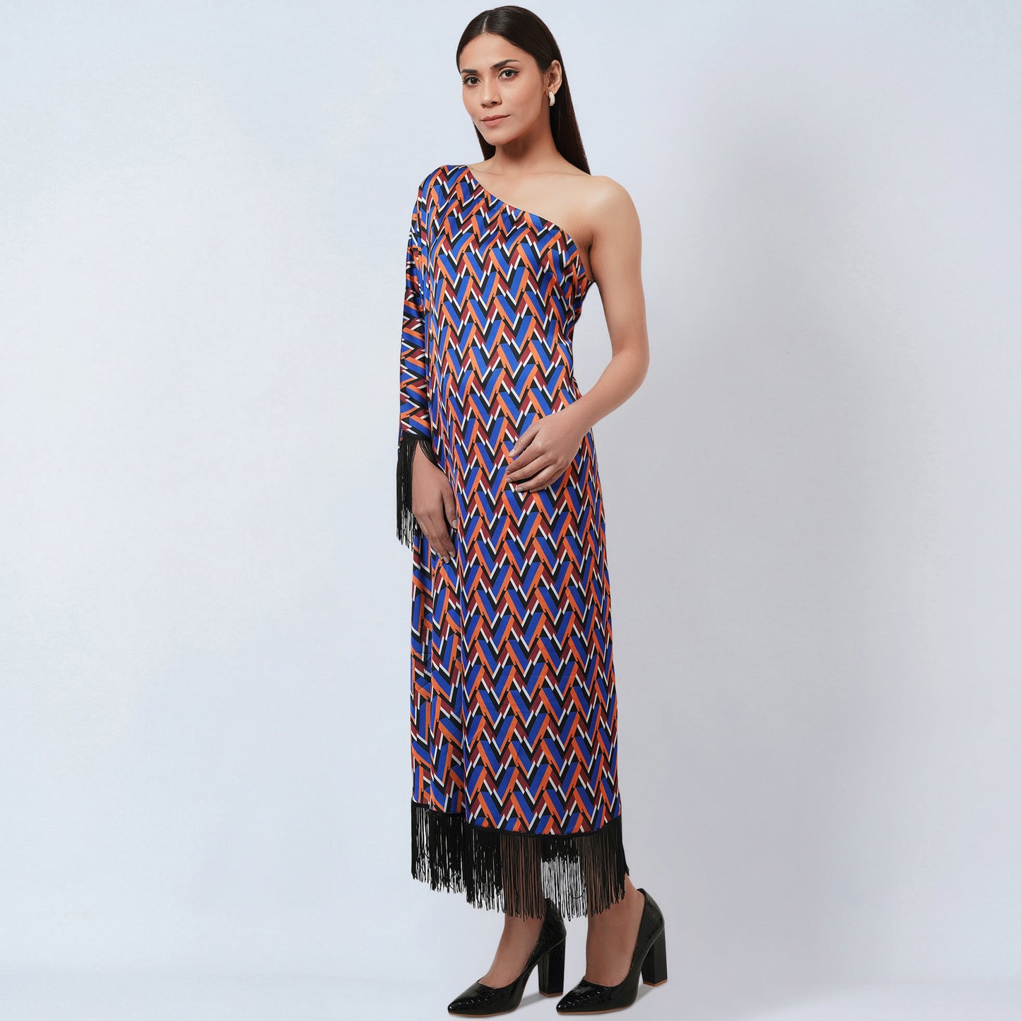 Blue and Mustard One-Shoulder Geometric Print Dress
