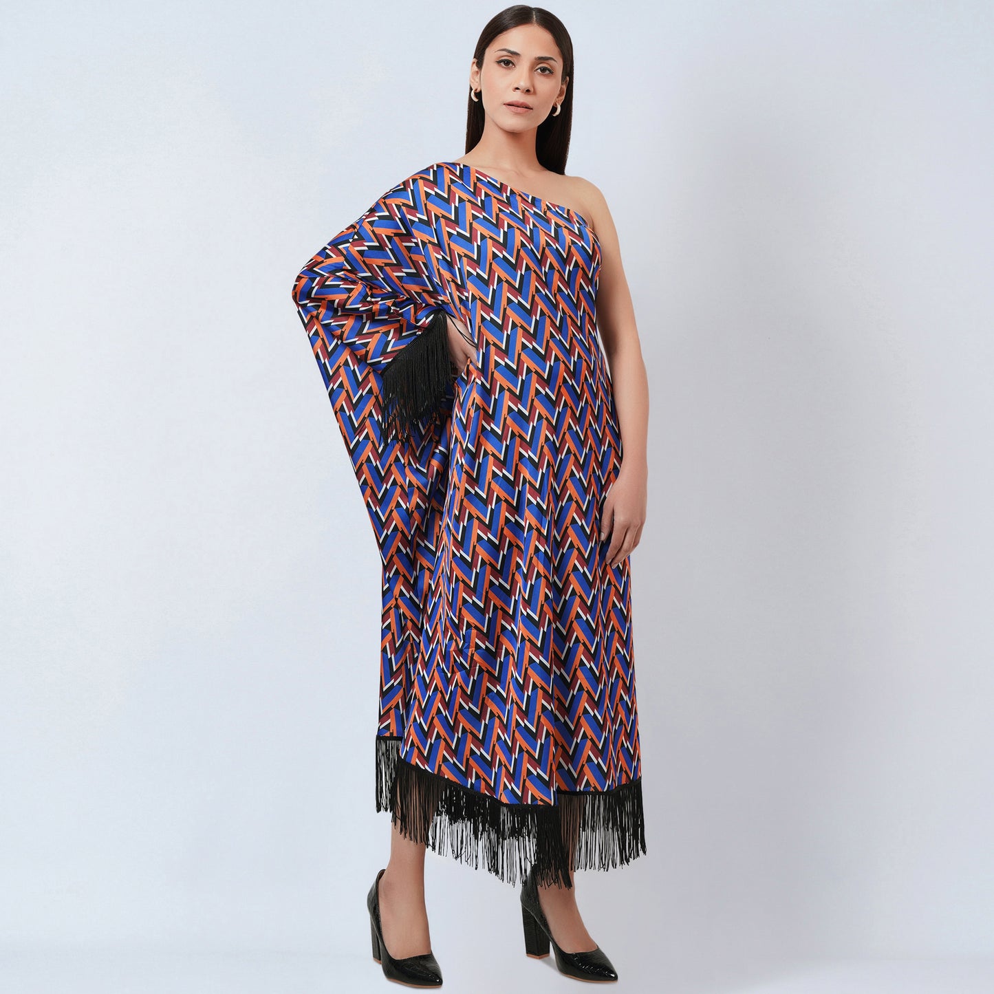 Blue and Mustard One-Shoulder Geometric Print Dress