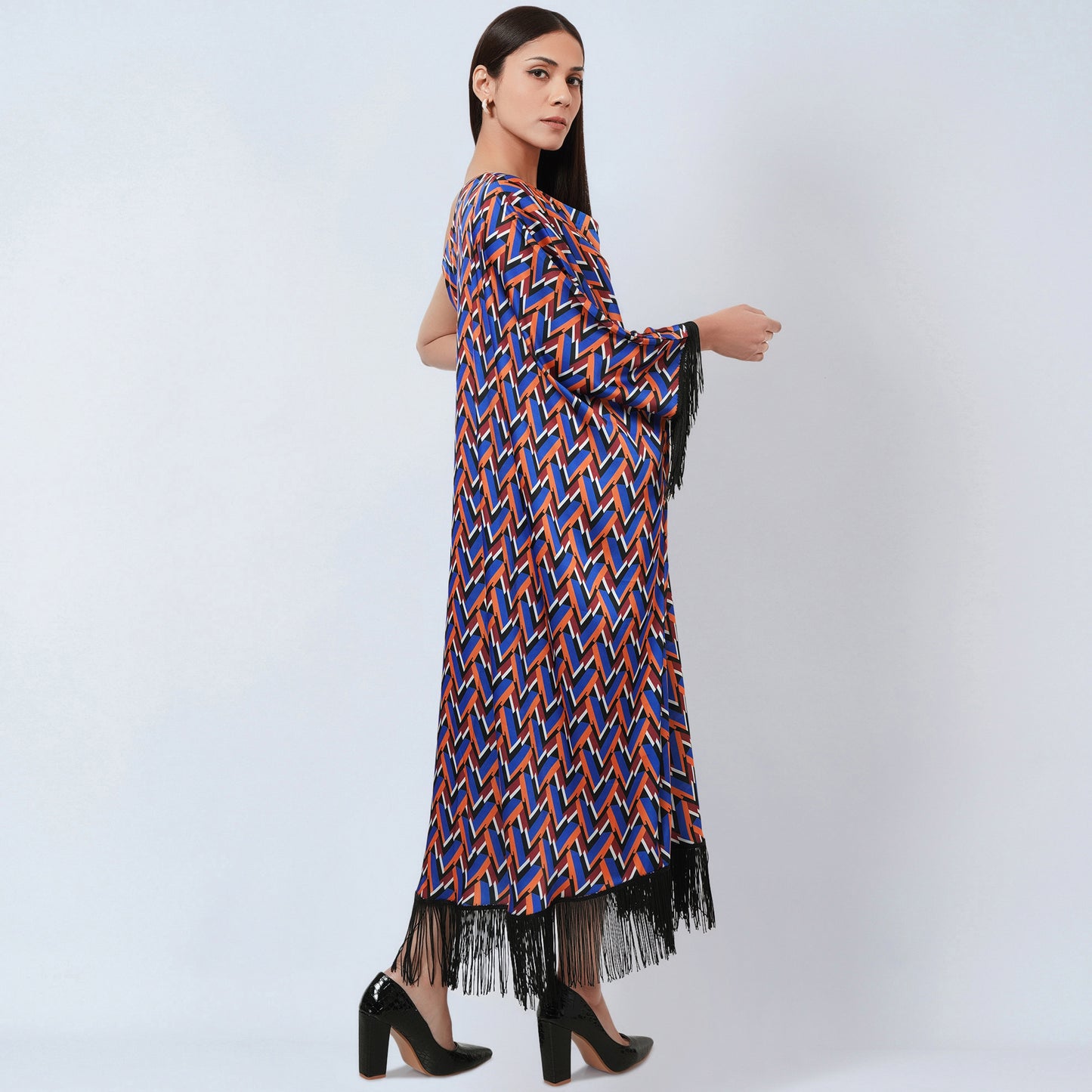 Blue and Mustard One-Shoulder Geometric Print Dress