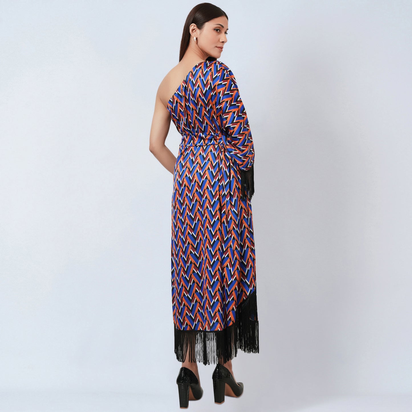 Blue and Mustard One-Shoulder Geometric Print Dress