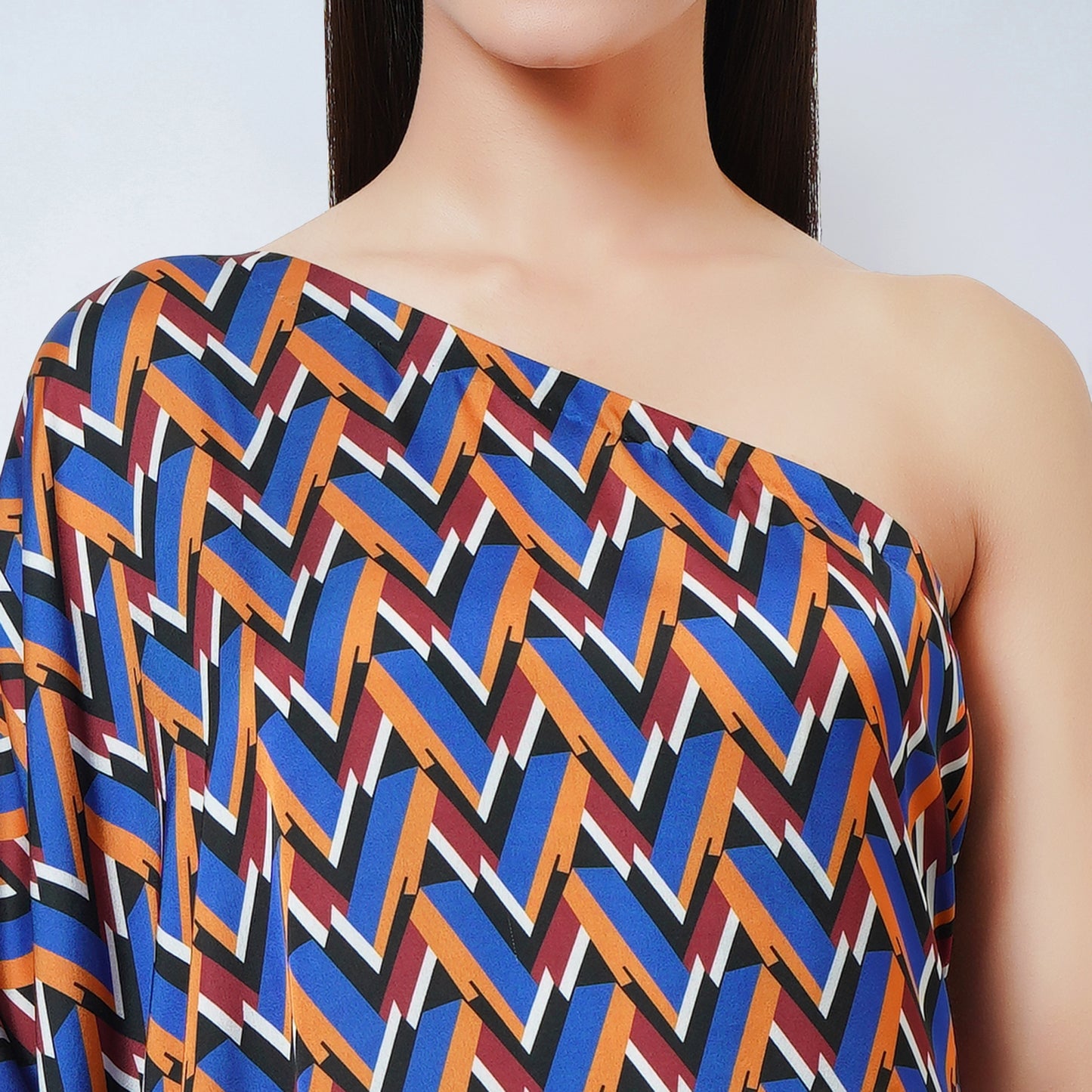 Blue and Mustard One-Shoulder Geometric Print Dress