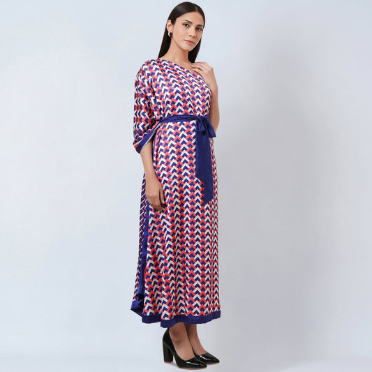 Coral Pink and Blue One-Shoulder Geometric Print Dress