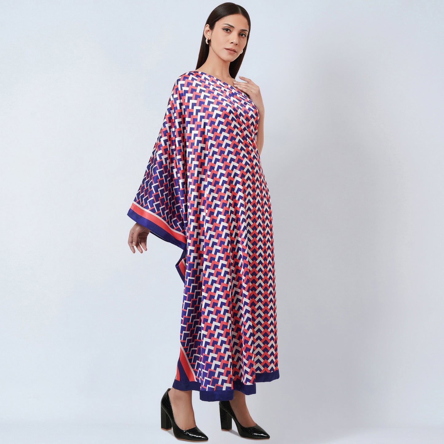 Coral Pink and Blue One-Shoulder Geometric Print Dress