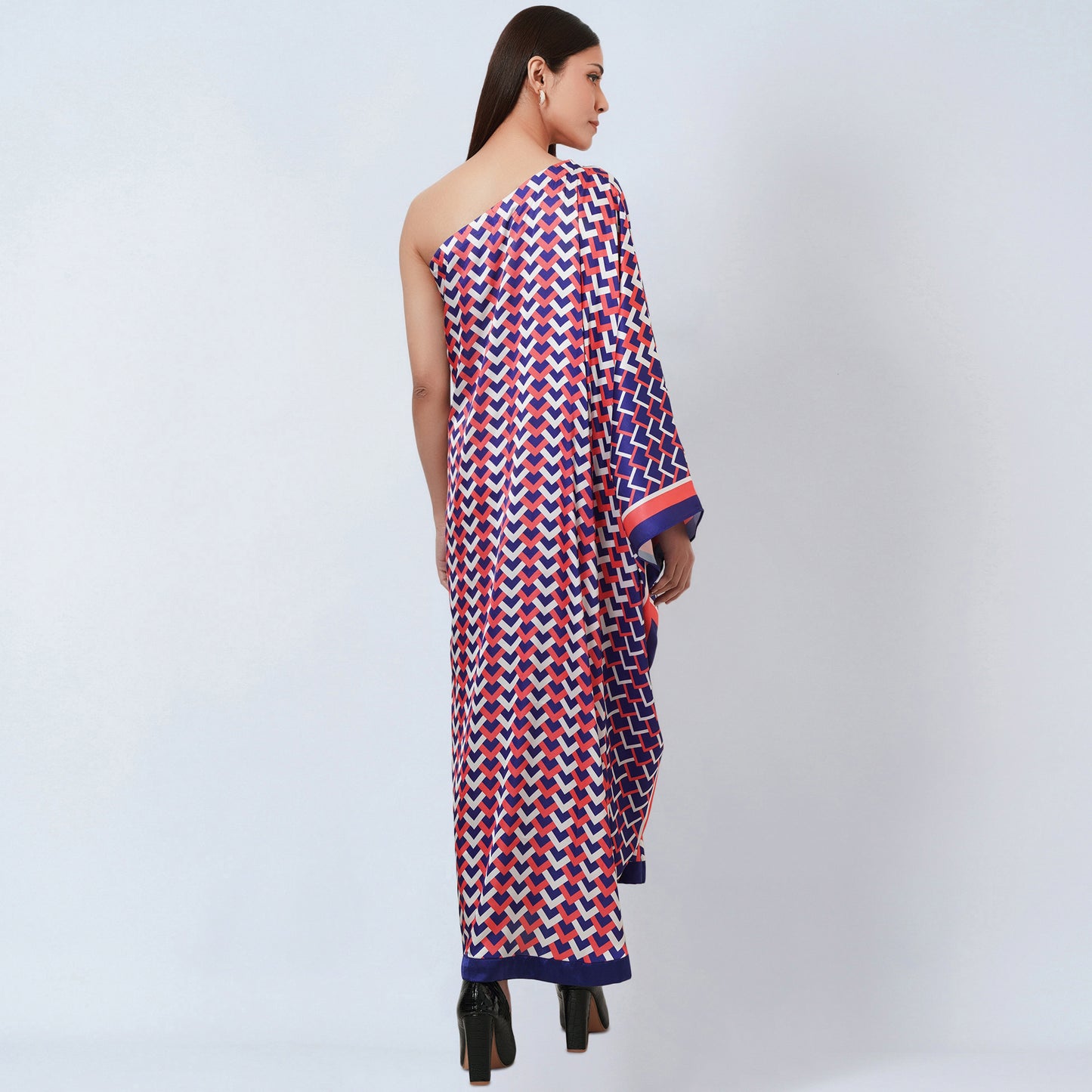 Coral Pink and Blue One-Shoulder Geometric Print Dress