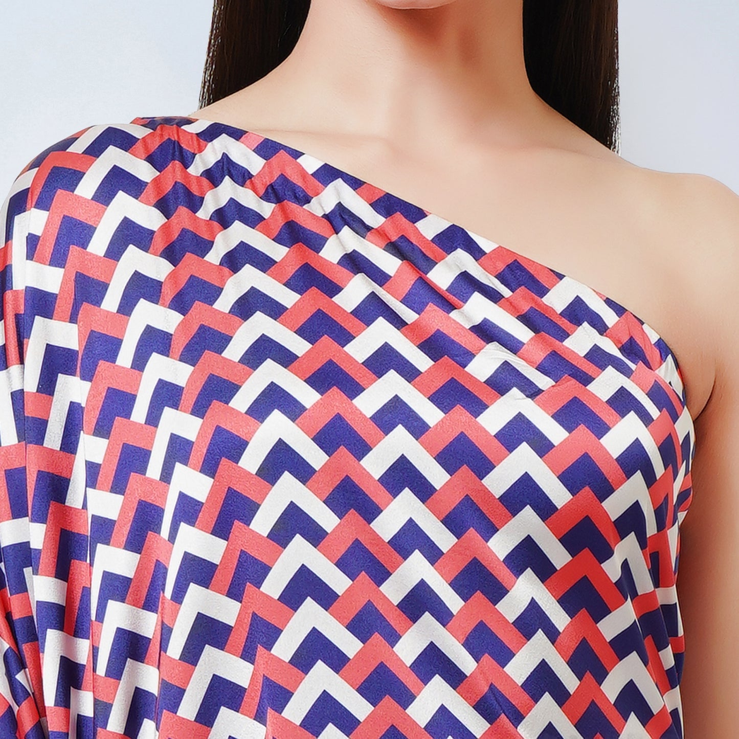 Coral Pink and Blue One-Shoulder Geometric Print Dress