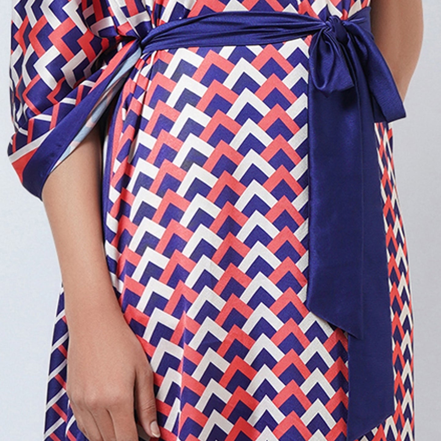 Coral Pink and Blue One-Shoulder Geometric Print Dress