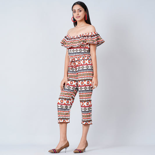 White and Red Aztec Jumpsuit