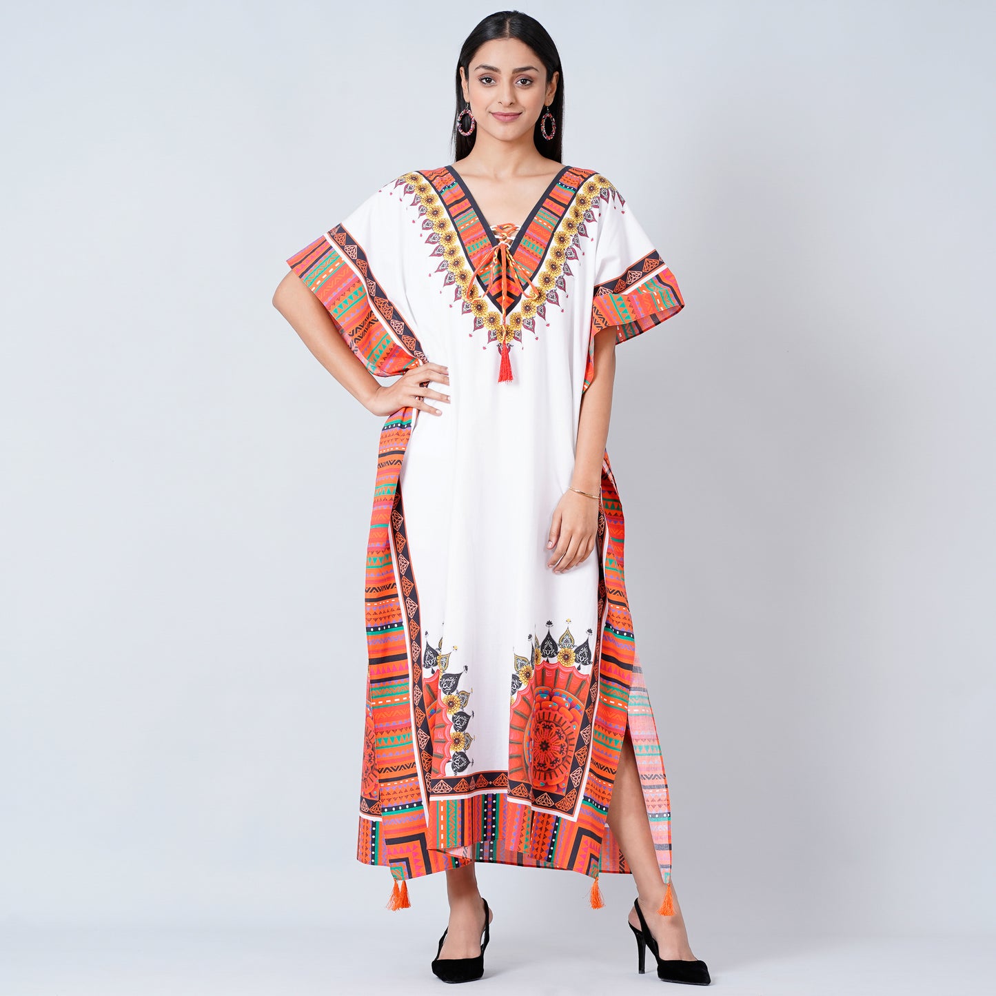 White and Pink Tribal Full Length Kaftan