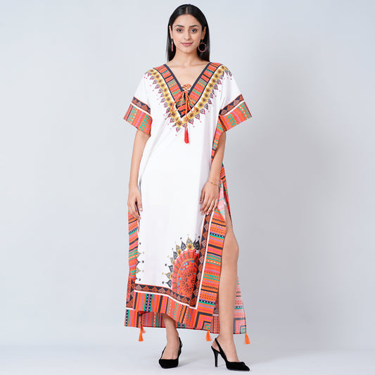 White and Pink Tribal Full Length Kaftan