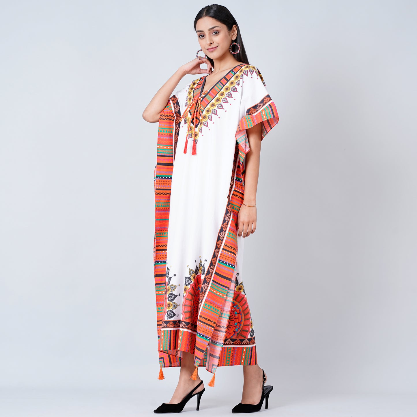 White and Pink Tribal Full Length Kaftan